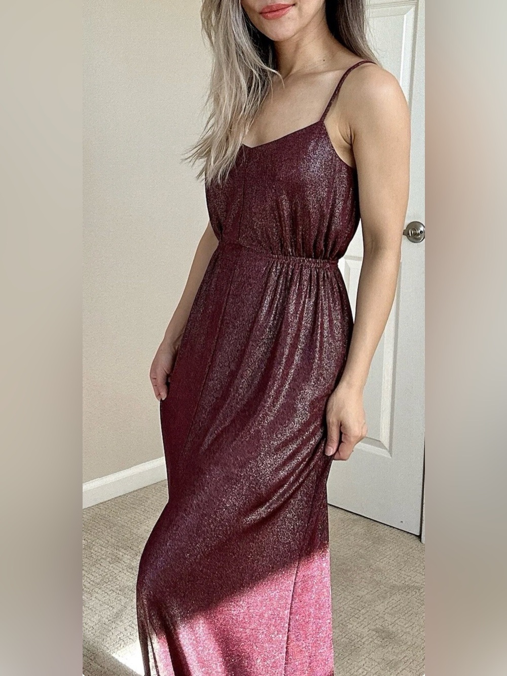 BCBGeneration Metallic Burgundy Midi Slip Dress